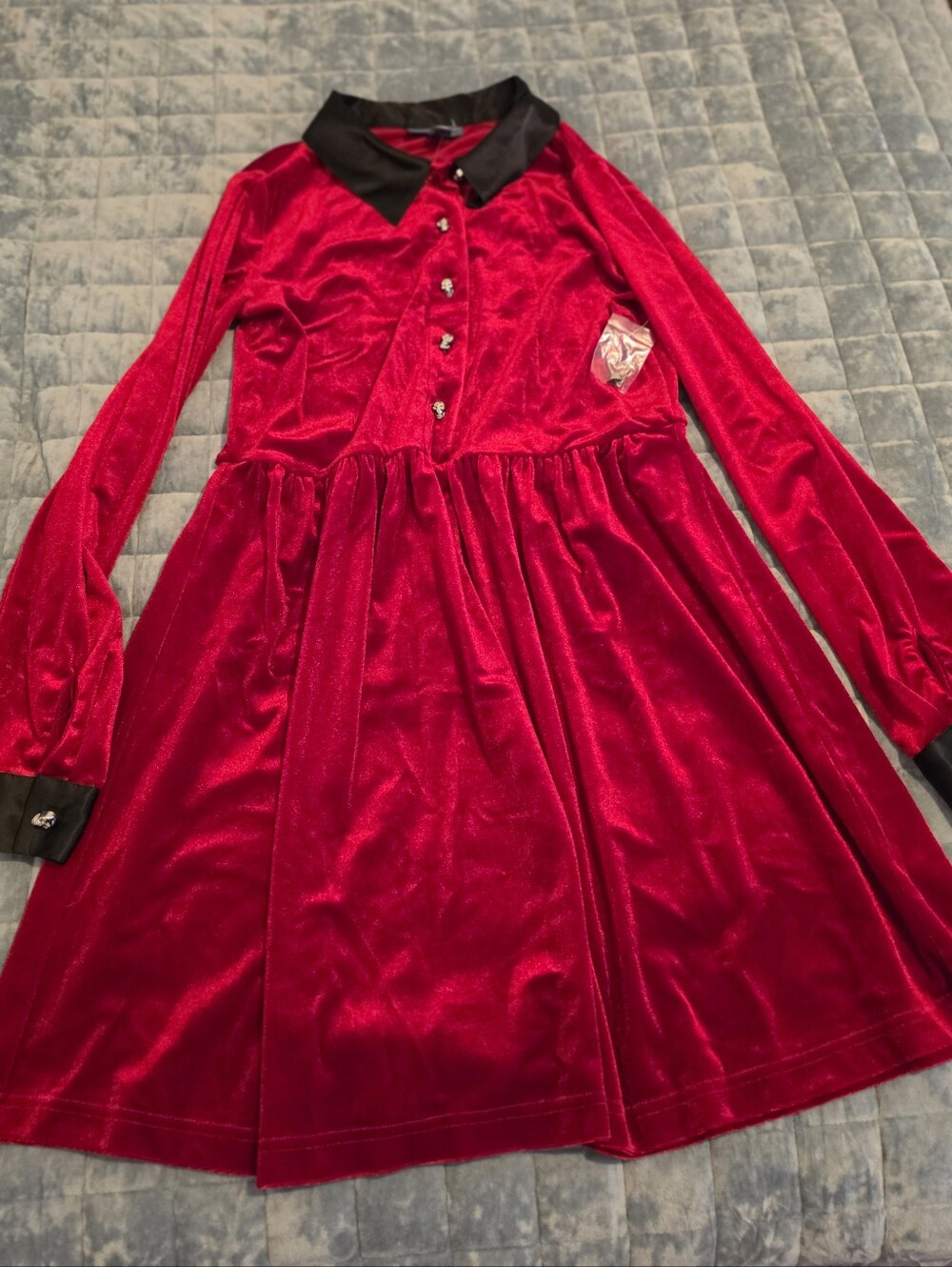 Modcloth Red Velvet Dress with Black Collar and Cuffs